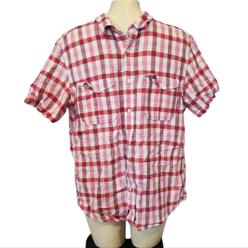 Men's Banana Republice‎ Red Checkered Button Down Linen Blend Shirt Size Large